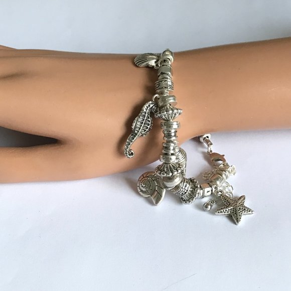 Seahorse Sea Life Charm Bracelet Shells Silver Plated Island 8-11" Plus Size - Picture 3 of 10